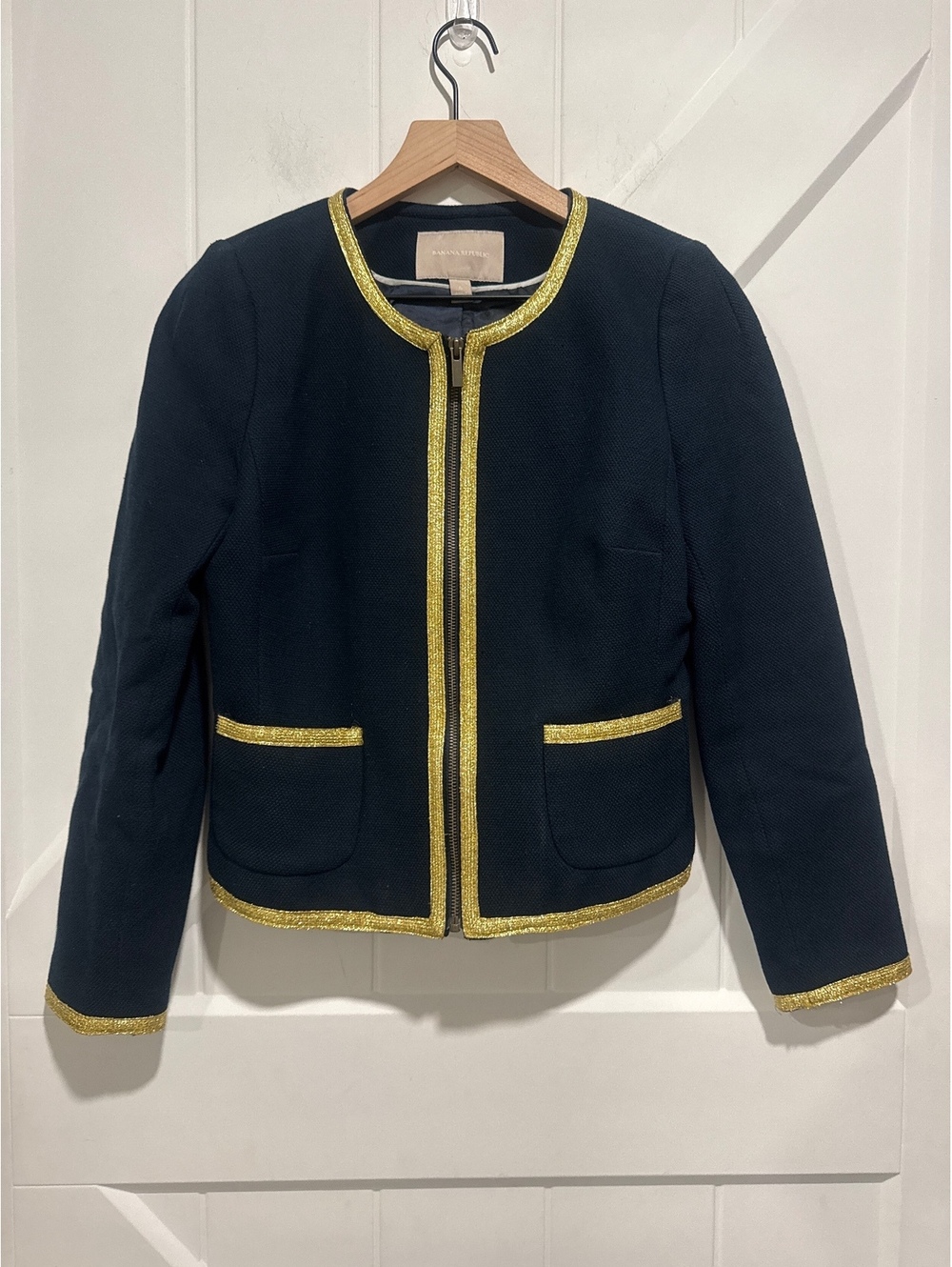 Banana Republic Women's Navy Blue and Gold Trim Blazer Jacket, Size 6